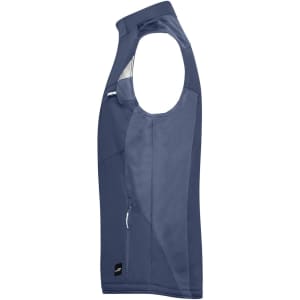 A navy softshell vest with a side zip pocket and a logo, featuring a sleeveless design.