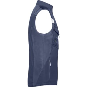 A navy softshell vest featuring a zippered pocket and a prominent logo on the chest.