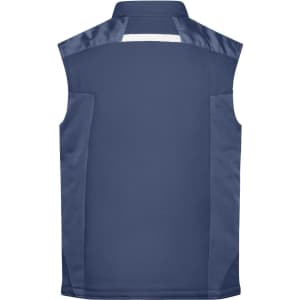 A navy blue softshell vest with a structured collar and a logo, featuring a simple and sleek design.