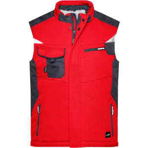 A red and grey softshell vest with multiple pockets and a logo on the front.