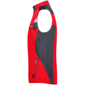 A red and grey softshell vest with a zip pocket and armholes, designed for outdoor activities. Features a logo.