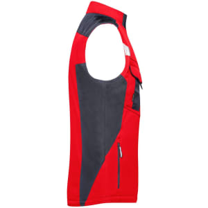 A red and dark grey softshell vest with multiple pockets and a logo on the chest.