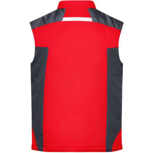 A red and grey softshell vest featuring a logo, with a sleeveless design and contrasting side panels.