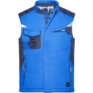 A blue softshell vest with navy accents, featuring multiple pockets and a branded logo.
