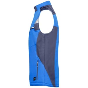 A blue and grey softshell vest featuring a zip pocket and an armhole design. It has branding on it.