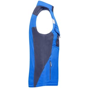 A blue and navy softshell vest with a zip closure and side pockets, featuring a logo.