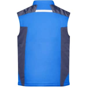 A blue softshell vest with dark blue side panels and a branding logo on the back.