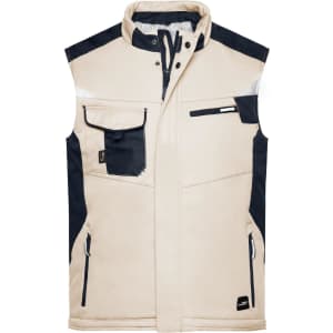 A beige and navy softshell vest featuring multiple pockets and a branded logo. Suitable for layering.