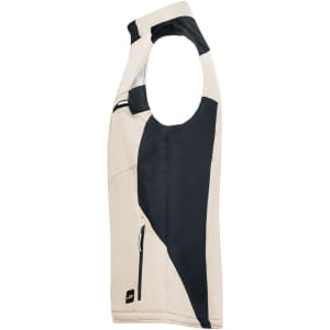 A softshell vest featuring a beige and black design with an outer zipper pocket and a logo.