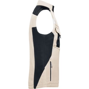 A softshell vest in beige and black, featuring a zip pocket and a logo.