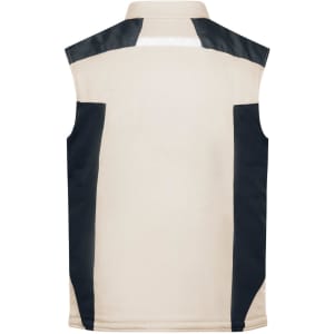 A softshell vest in cream and navy, featuring a back design with contrasting panels and a logo.