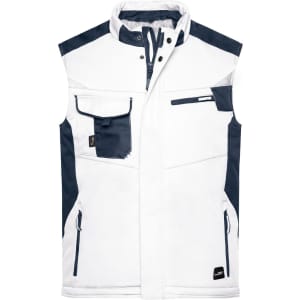 A white and navy softshell vest with various pockets and a logo. The design features a high collar and no sleeves.