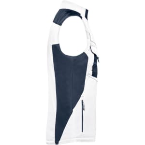 A softshell vest in white and navy, featuring a sleeveless design and a front zip pocket. It has a branding logo.
