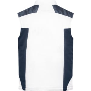 A sleeveless softshell vest featuring a white front with navy back and sides, including a logo.