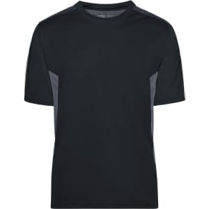 A black T-shirt with grey side panels, featuring a logo on the front. Suitable for casual wear.