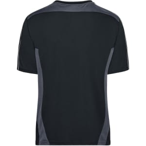A black T-shirt with grey accents on the sides and back. It has a logo on the upper back.