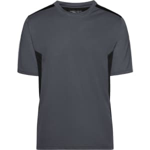 A grey T-shirt with black side panels and a round neckline. It has a branded logo on the front.