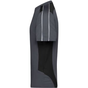 A side view of a grey T-shirt featuring black panels and a logo. The fabric has a sleek design with contrasting colours.