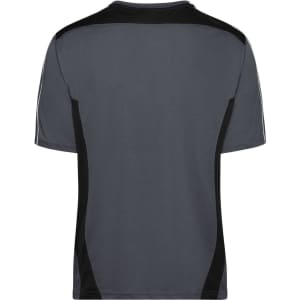 A grey T-shirt with black accents on the sides and a logo on the back.