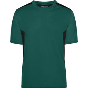 A green t-shirt with black side panels and a logo, featuring short sleeves and a classic crew neckline.