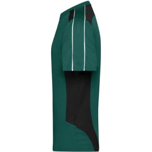 A green and black T-shirt with a sporty design and contrasting side panels. It features a branding logo.