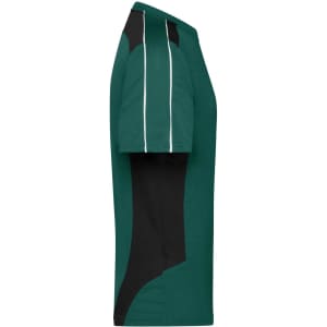 A green and black t-shirt featuring a side view design with sleek lines and sleeves. It has a branding logo.