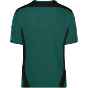 A teal T-shirt with black side panels and a simple design, featuring a branding logo.