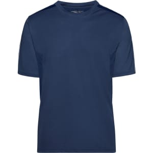A navy blue t-shirt with a plain design and short sleeves, featuring a logo on the collar.