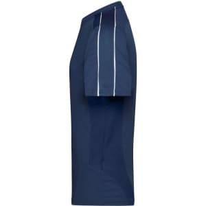 A side view of a navy blue t-shirt featuring white stripes on the sleeves and a logo.