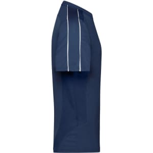 A navy blue t-shirt featuring white stripes on the sleeves and a logo on the side.