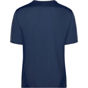 A navy T-shirt featuring a simple design and a logo on the back. It has short sleeves and a crew neckline.