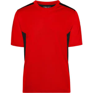 A red T-shirt with black side panels and a crew neckline. Features a logo on the label.