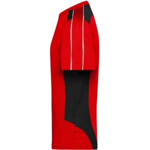 A red and black t-shirt featuring a stylish design and a logo on the front.