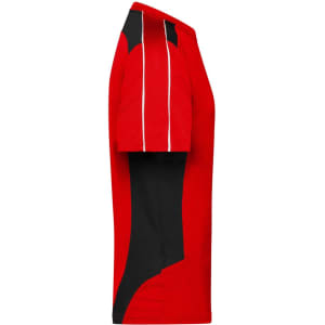 A red and black T-shirt with a sporty design and short sleeves, featuring contrasting stripes. It has a logo.