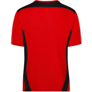 A red T-shirt with black side panels and a logo. The design features short sleeves and a crew neck.