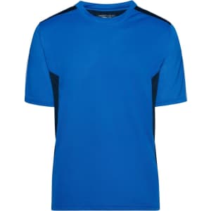 A blue T-shirt with black side panels, featuring a logo on the front. Suitable for casual wear.