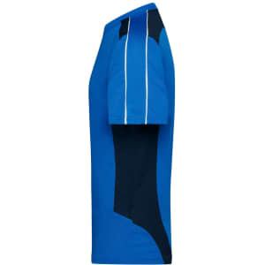 A blue and navy Craftsmen T-shirt displayed from the side, featuring a logo on one side.
