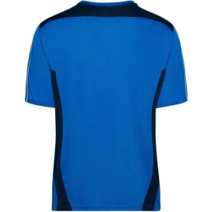 A blue T-shirt featuring a navy side design and short sleeves. It has a logo on the back.
