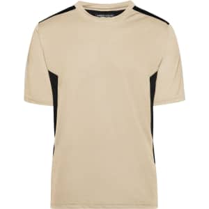A beige T-shirt with black side panels and a logo on the neckline. Ideal for casual wear.