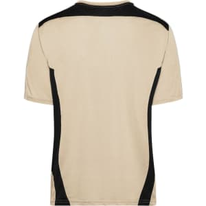 A beige T-shirt featuring black accents on the shoulders and sides, with a branding logo.