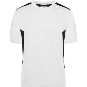 A white T-shirt featuring black side panels and short sleeves, with a logo on the label.