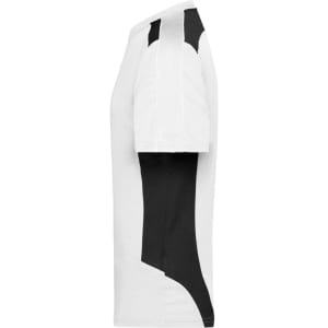 A side view of a Craftsmen T-Shirt featuring a white body with black accents on the sleeves and sides.