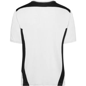 A white T-shirt with black side panels and a black neckline. The back is plain without any design or text.