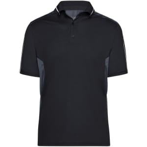 A black polo shirt featuring short sleeves and a collar, with contrasting side panels and a logo.