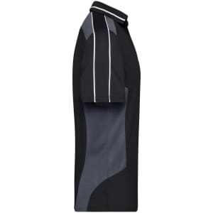 A black and grey polo shirt with contrasting seams and a logo on the chest, shown from the side.