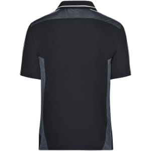 A black polo shirt with contrasting grey panels and a collar, featuring a logo.