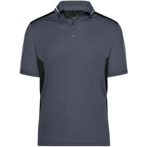 A grey polo shirt with black accents, featuring a classic collar and a logo on the chest.