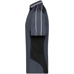 A grey and black Craftsmen polo shirt featuring a logo, with contrasting side panels and piping details.