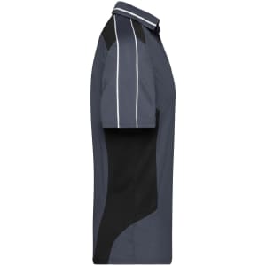 A grey and black polo shirt with a modern design and logo, featuring contrasting stripes on the shoulders.