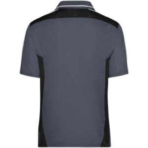 A grey polo shirt with black side panels and a collar, featuring a logo on the back.